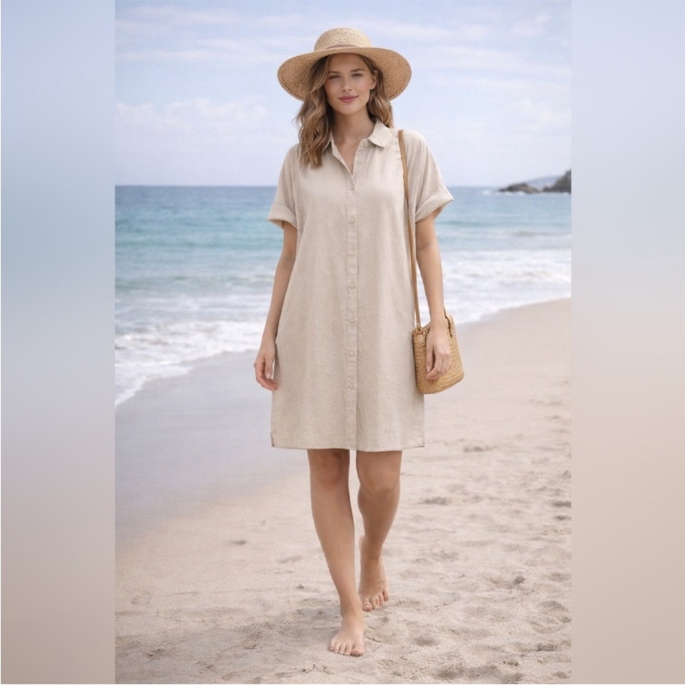 Well Worn Linen Viscose Shirt Dress Womens 2XL Button Coastal Lagenlook